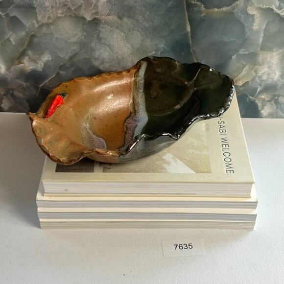 Medium 10" Abstract Art Studio Pottery Bowl Crimped Wavy Rim Brown Earth Tones - Picture 9 of 9